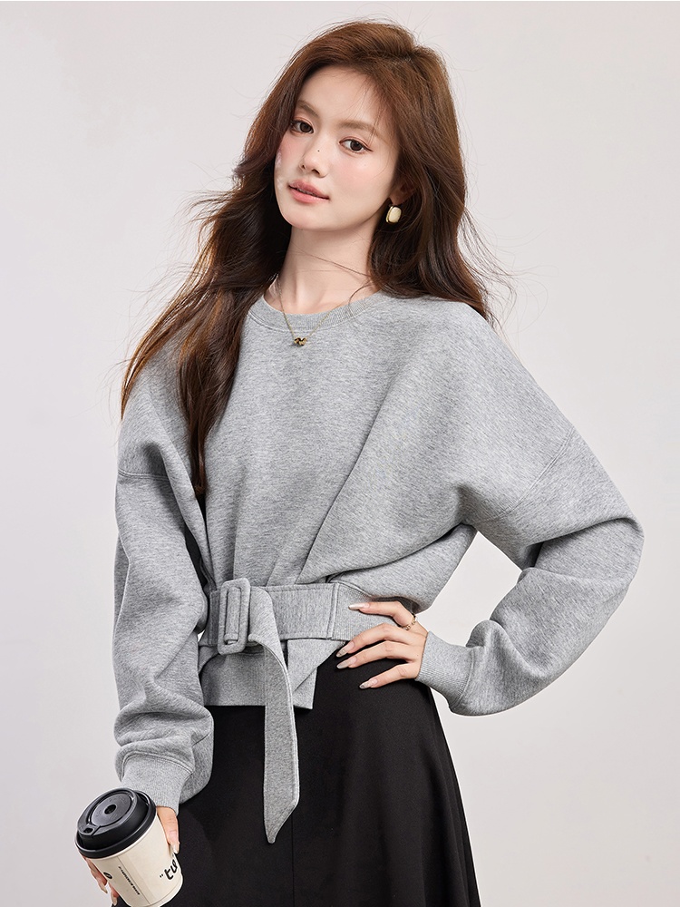 Spring short niche belt bat sleeve round neck hoodie