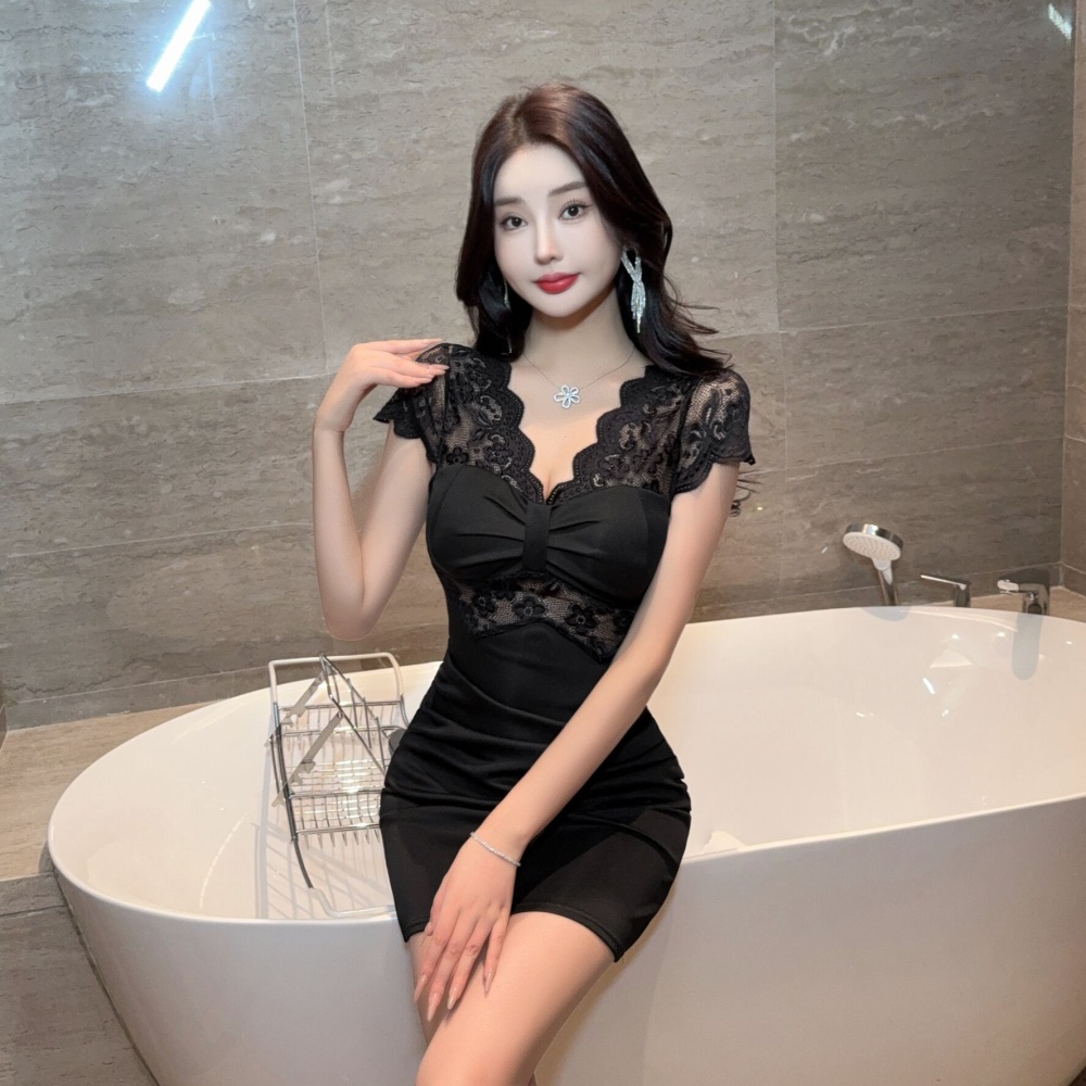 Bottoming lace package hip short sleeve dress