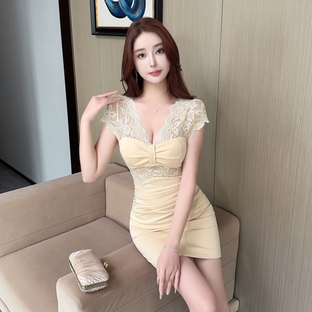 Bottoming lace package hip short sleeve dress