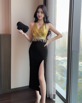 Splice long formal dress mixed colors low-cut dress