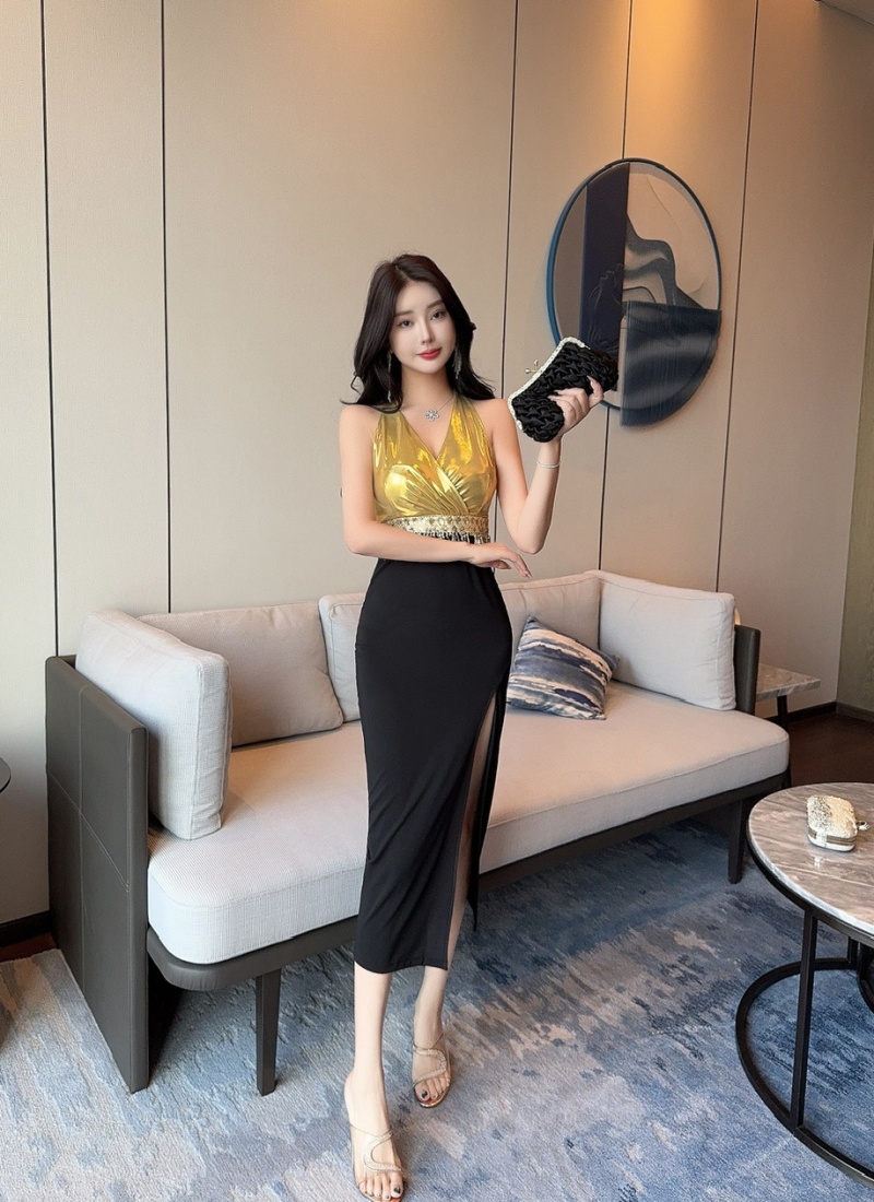 Splice long formal dress mixed colors low-cut dress