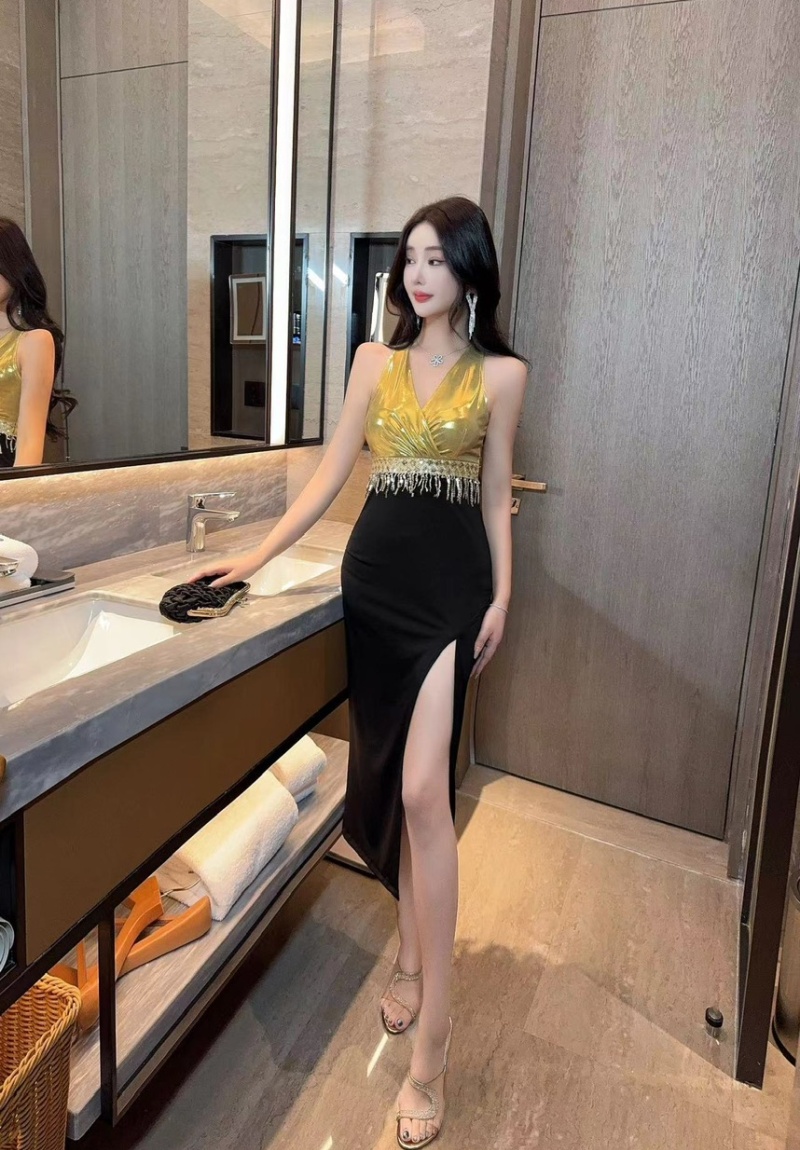 Splice long formal dress mixed colors low-cut dress