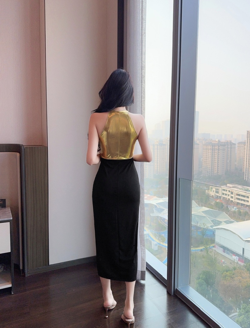 Splice long formal dress mixed colors low-cut dress