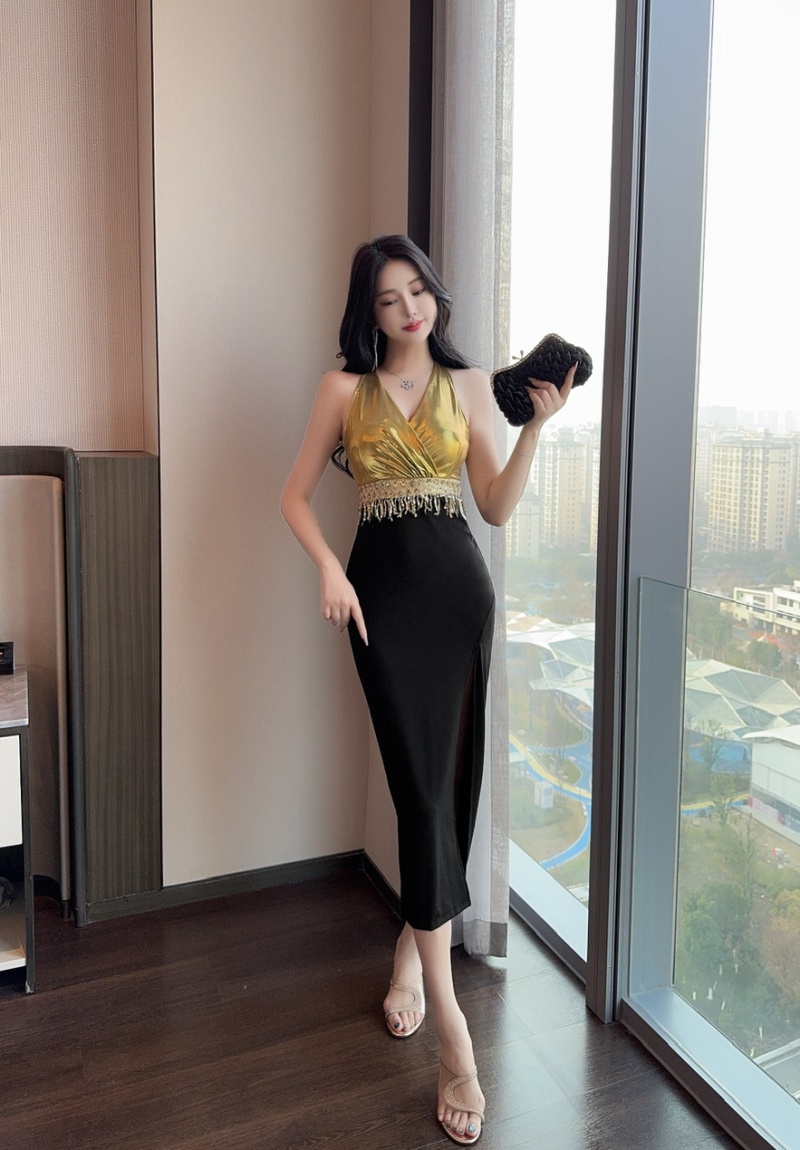 Splice long formal dress mixed colors low-cut dress