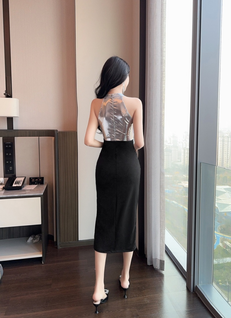 Splice long formal dress mixed colors low-cut dress