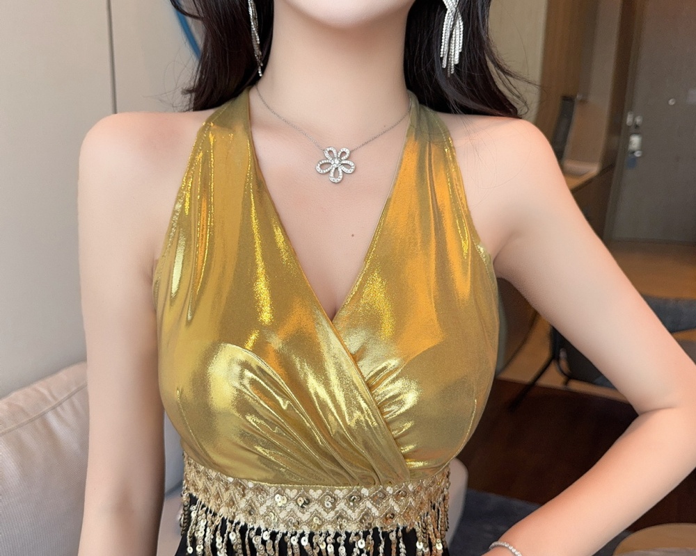 Splice long formal dress mixed colors low-cut dress