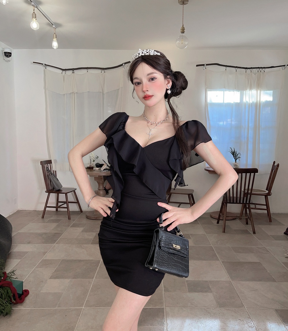 Bottoming package hip short sleeve low-cut dress