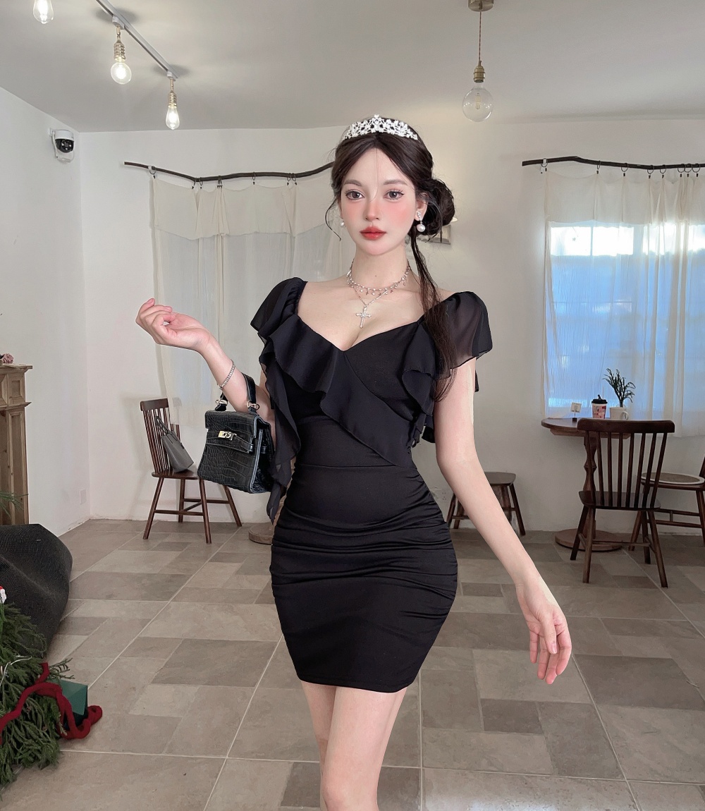 Bottoming package hip short sleeve low-cut dress