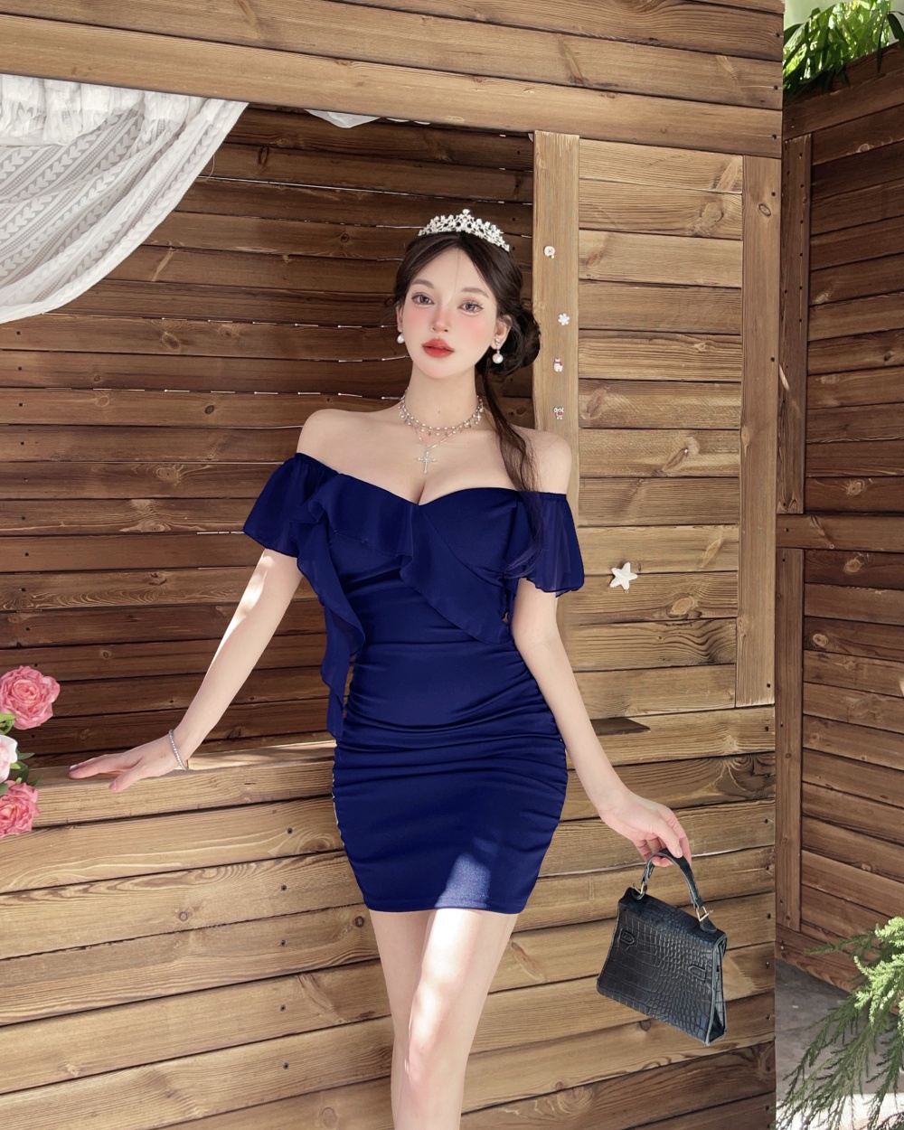 Bottoming package hip short sleeve low-cut dress
