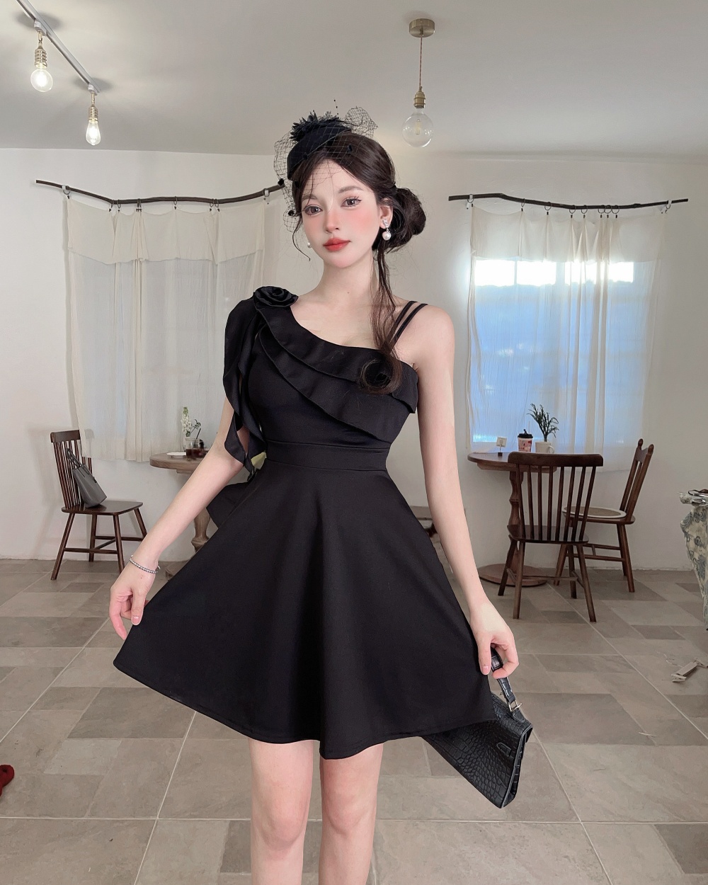 Bottoming short sleeve lotus leaf edges shoulder dress