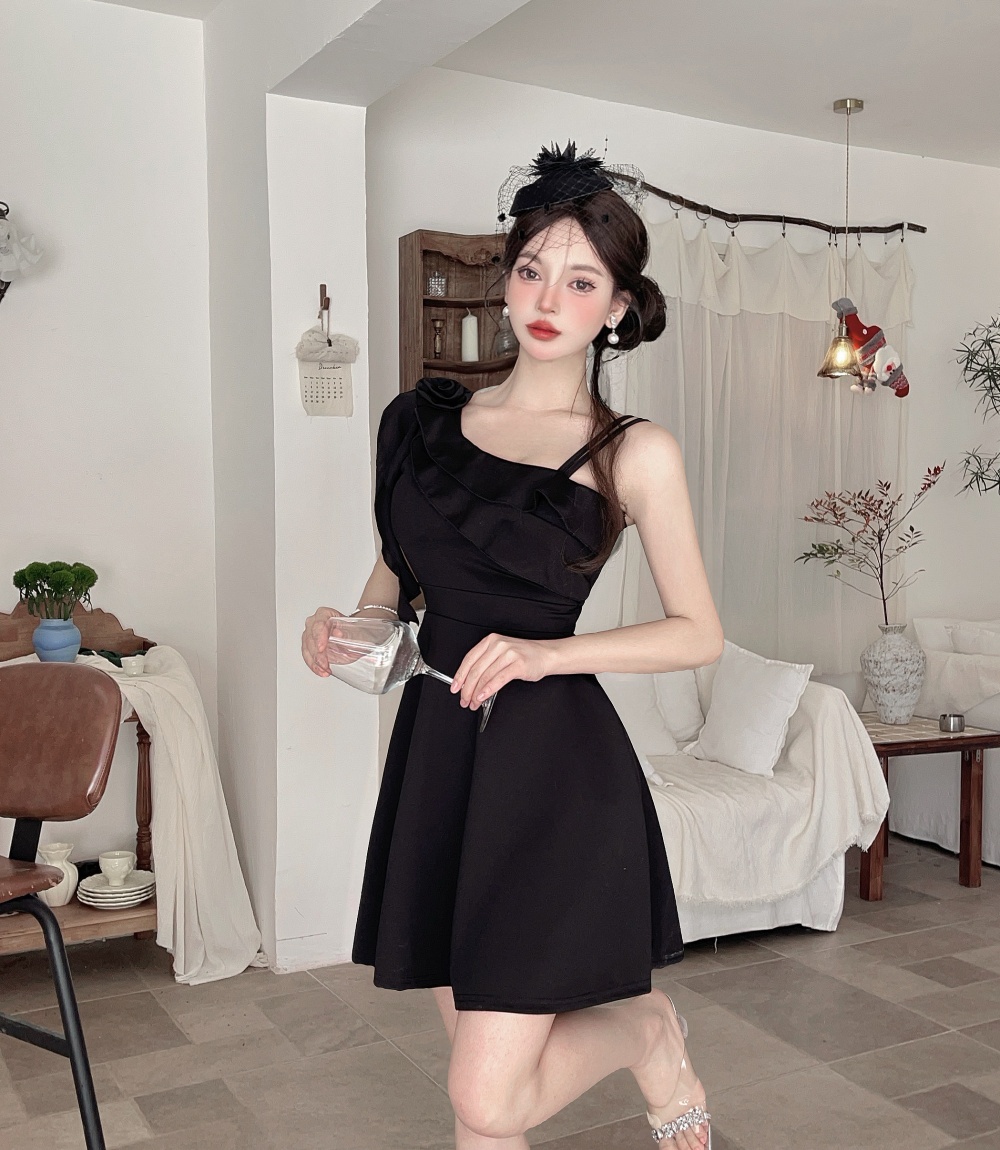 Bottoming short sleeve lotus leaf edges shoulder dress