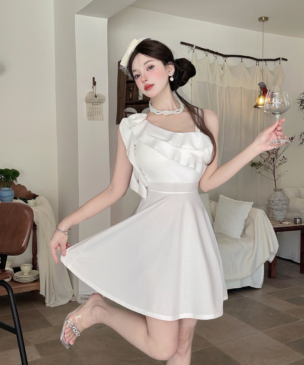 Bottoming short sleeve lotus leaf edges shoulder dress