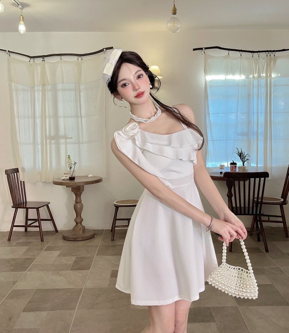 Bottoming short sleeve lotus leaf edges shoulder dress