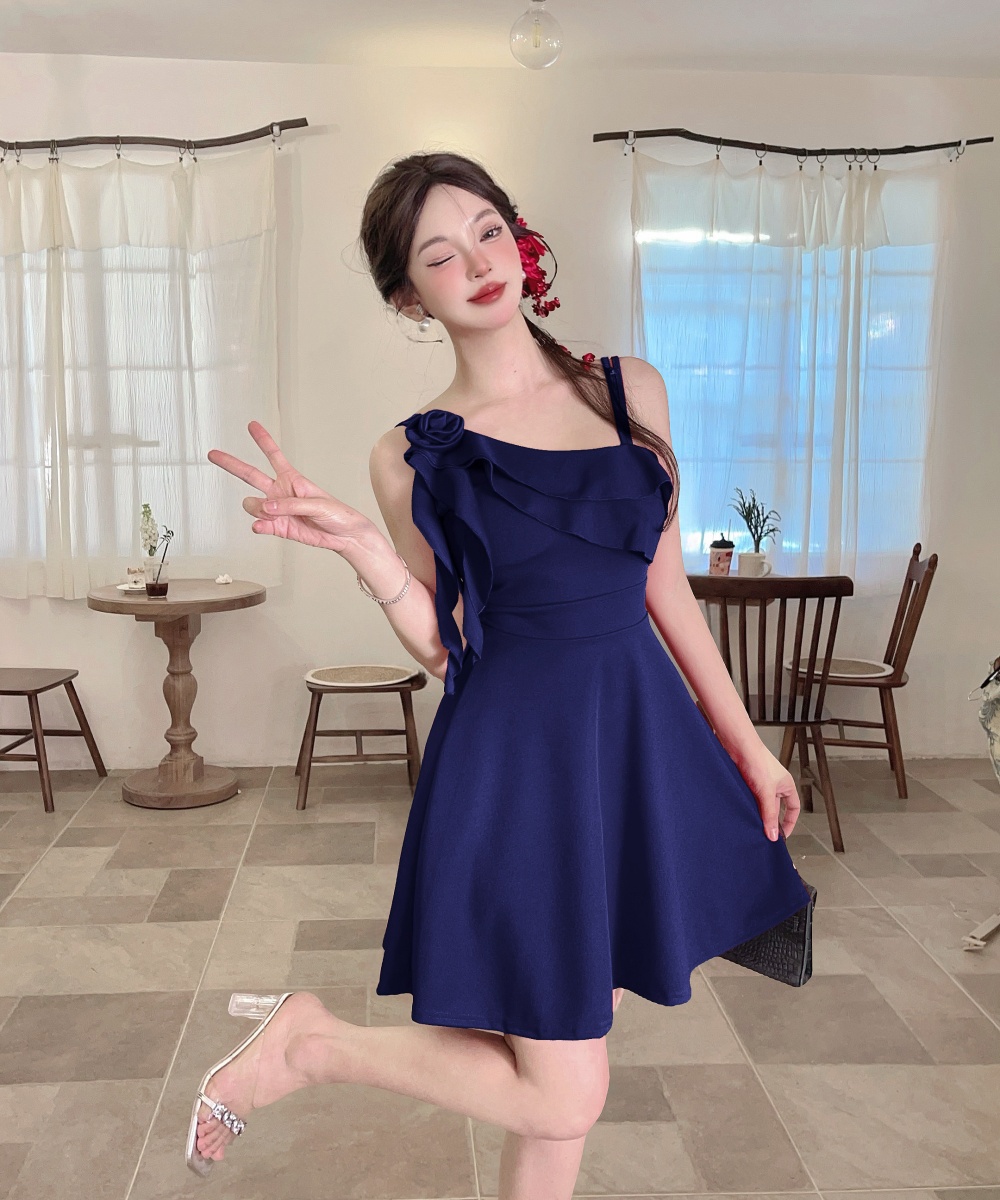 Bottoming short sleeve lotus leaf edges shoulder dress