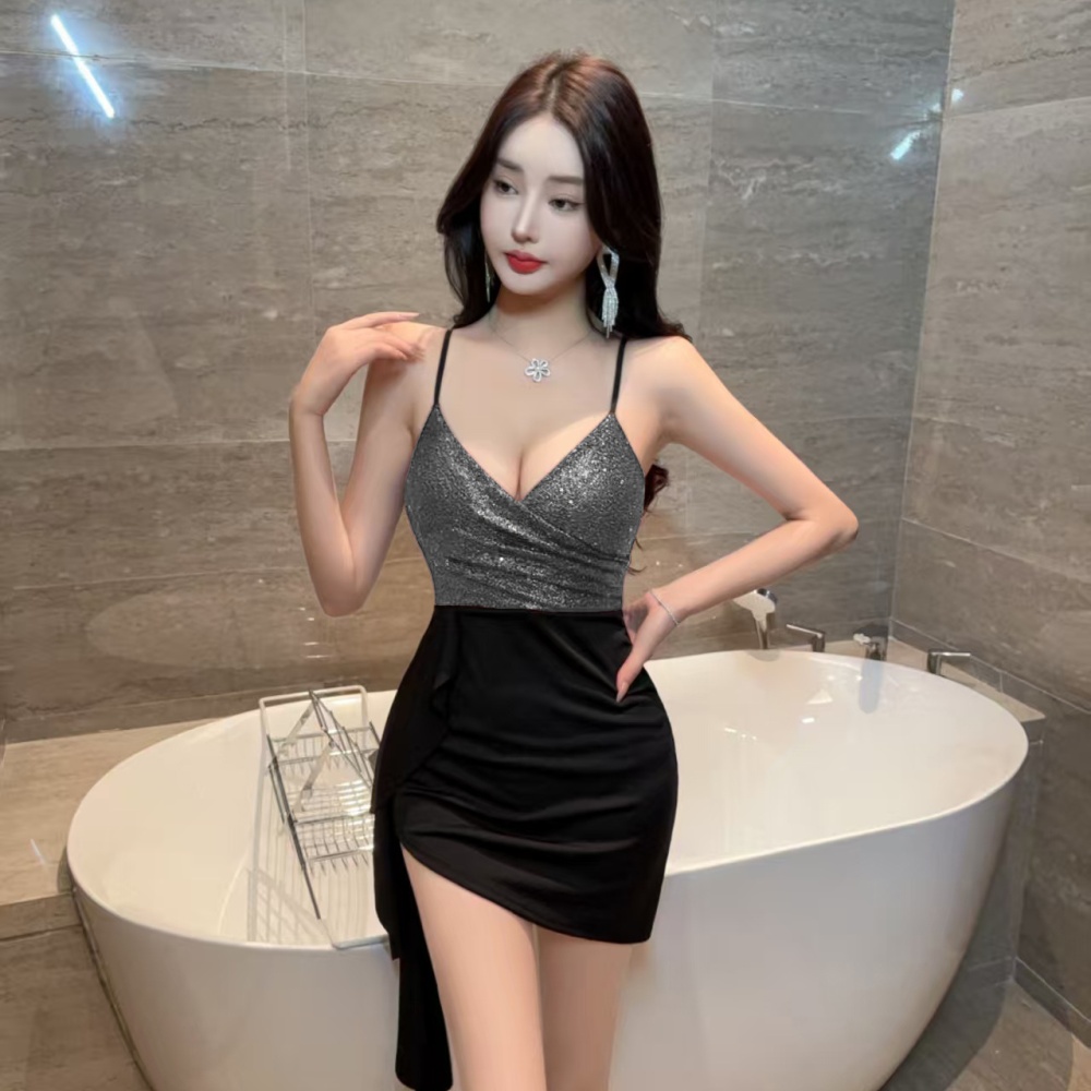 Mixed colors low-cut package hip tassels sling splice dress