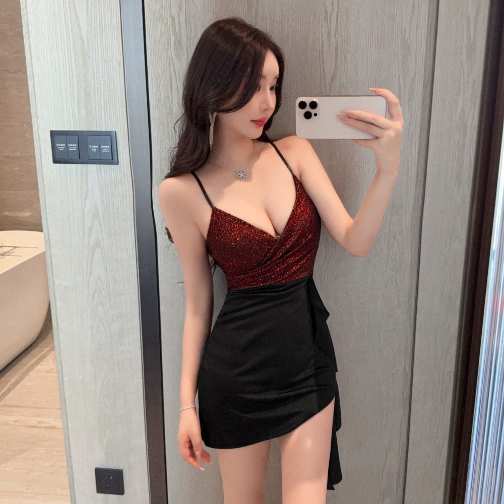 Mixed colors low-cut package hip tassels sling splice dress