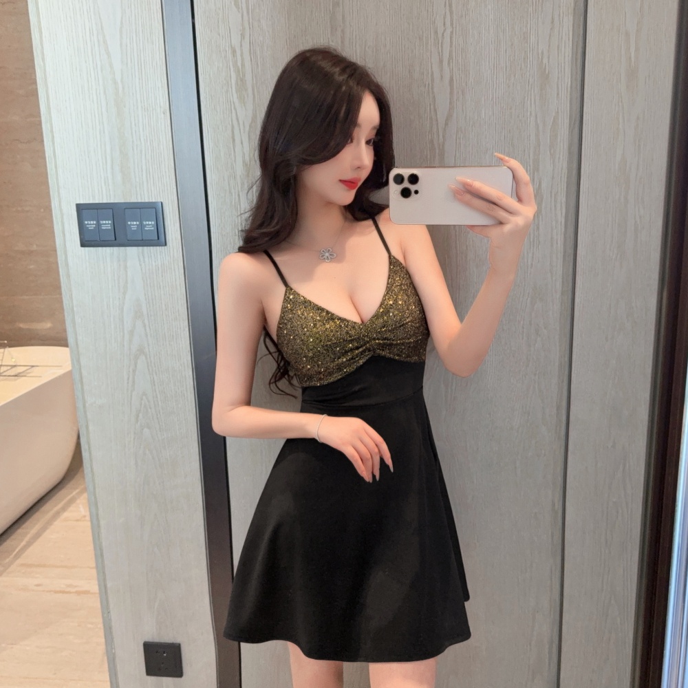 Elasticity bottoming low-cut mixed colors dress