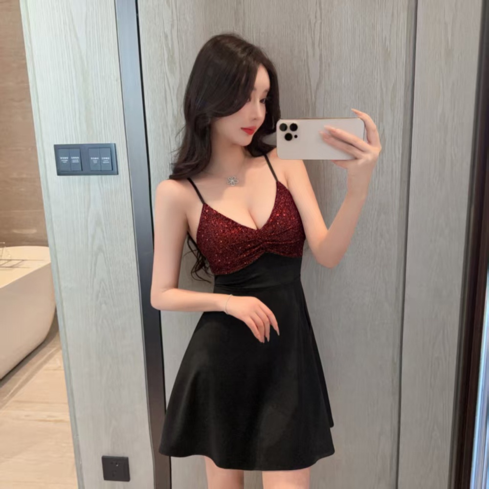 Elasticity bottoming low-cut mixed colors dress