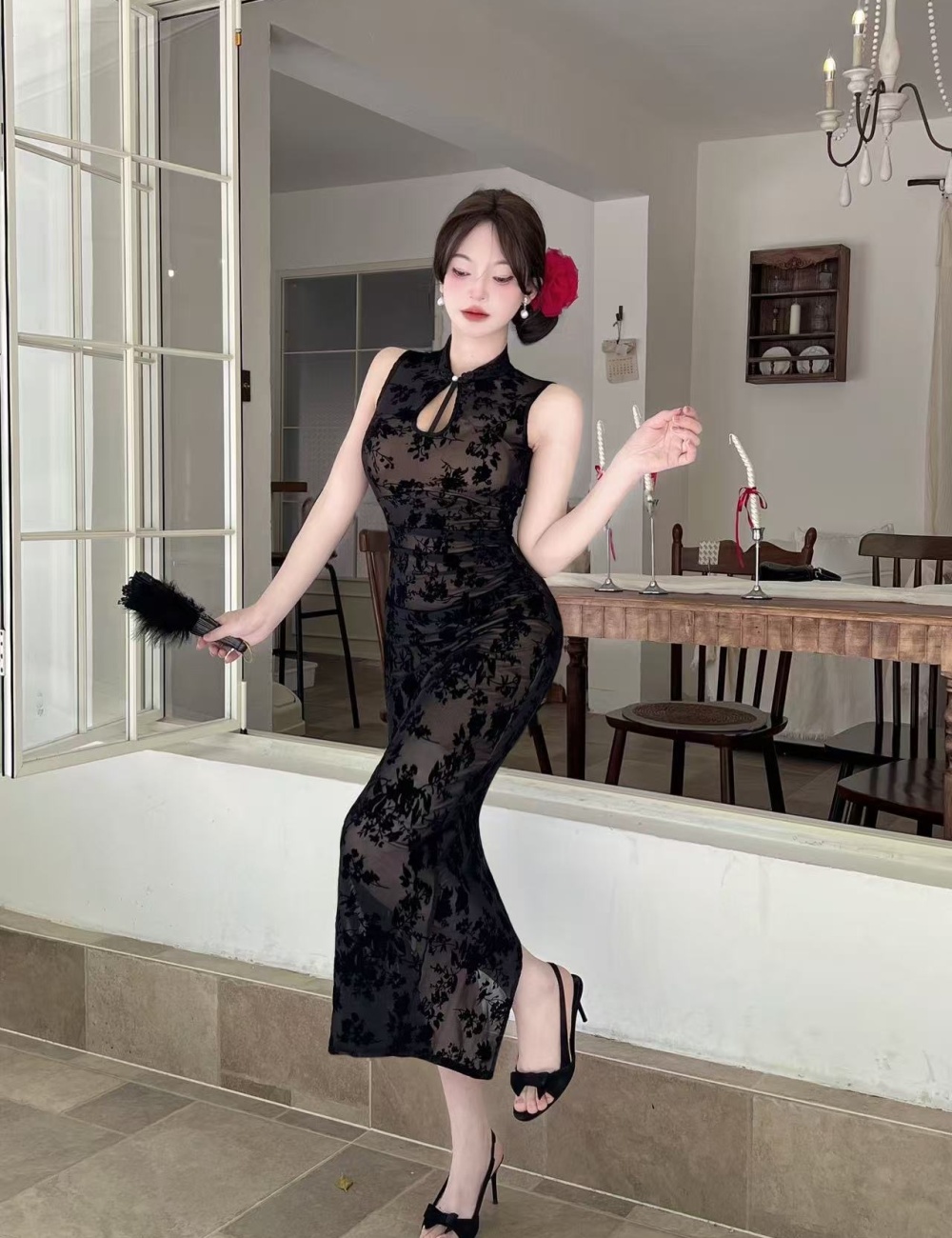 Lace tight dress long bottoming cheongsam