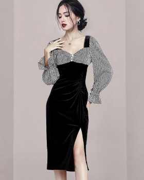 Houndstooth golden velvet split splice dress for women