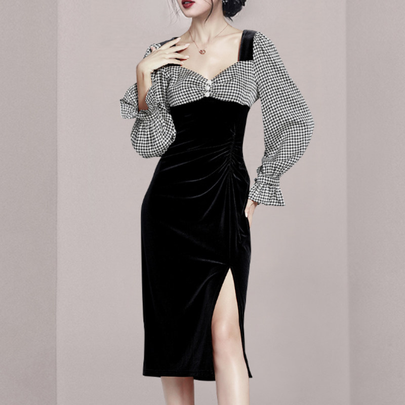 Houndstooth golden velvet split splice dress for women