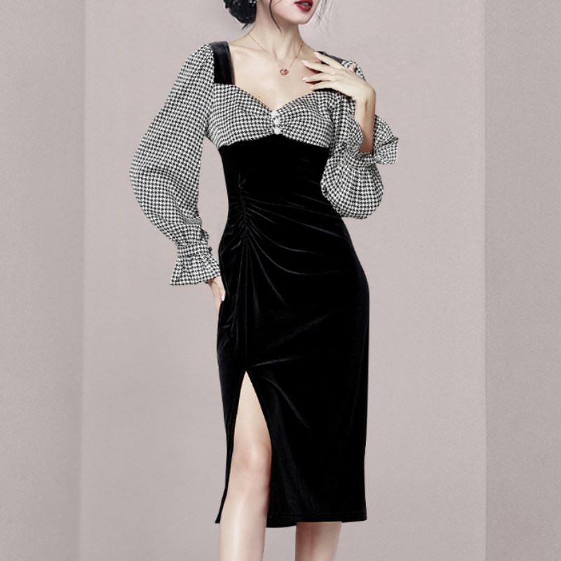 Houndstooth golden velvet split splice dress for women
