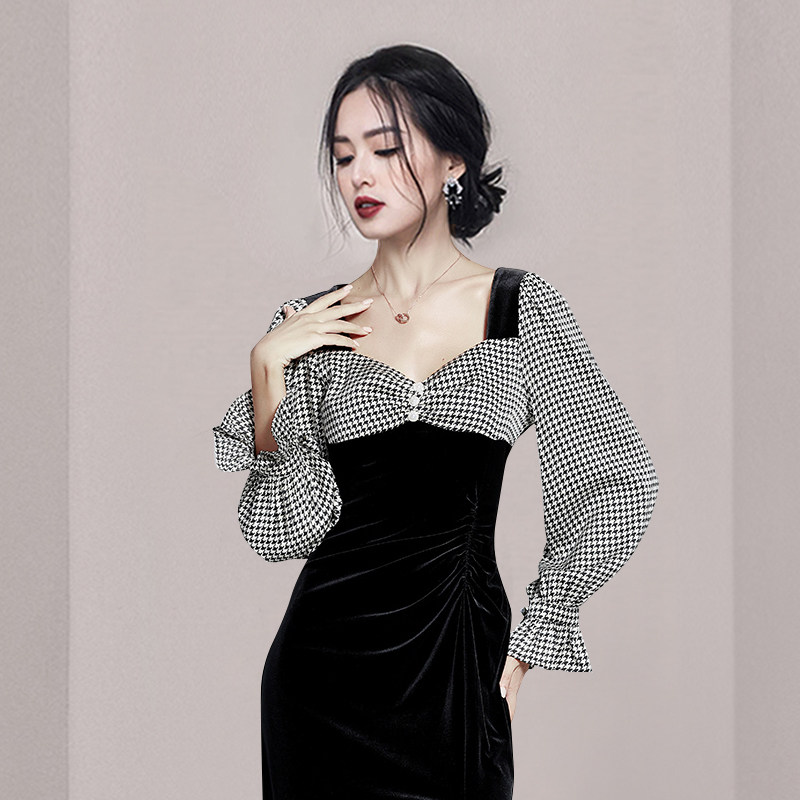 Houndstooth golden velvet split splice dress for women