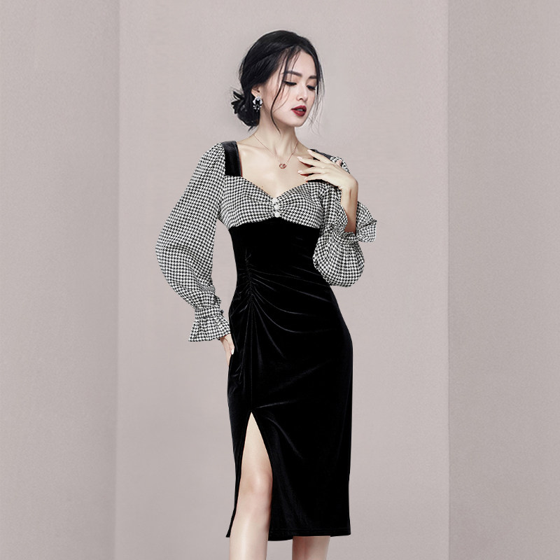 Houndstooth golden velvet split splice dress for women