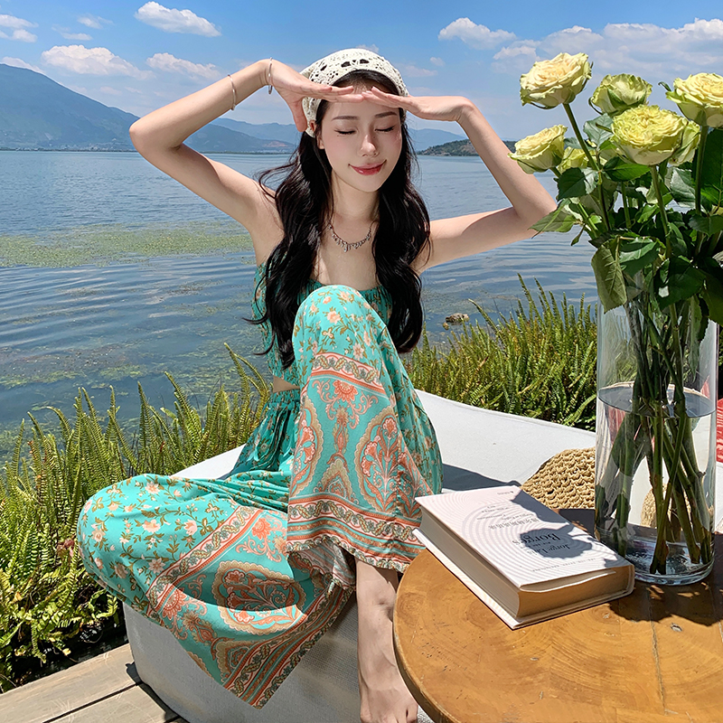 Elastic small sling high waist long pants a set