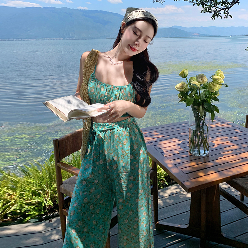 Elastic small sling high waist long pants a set