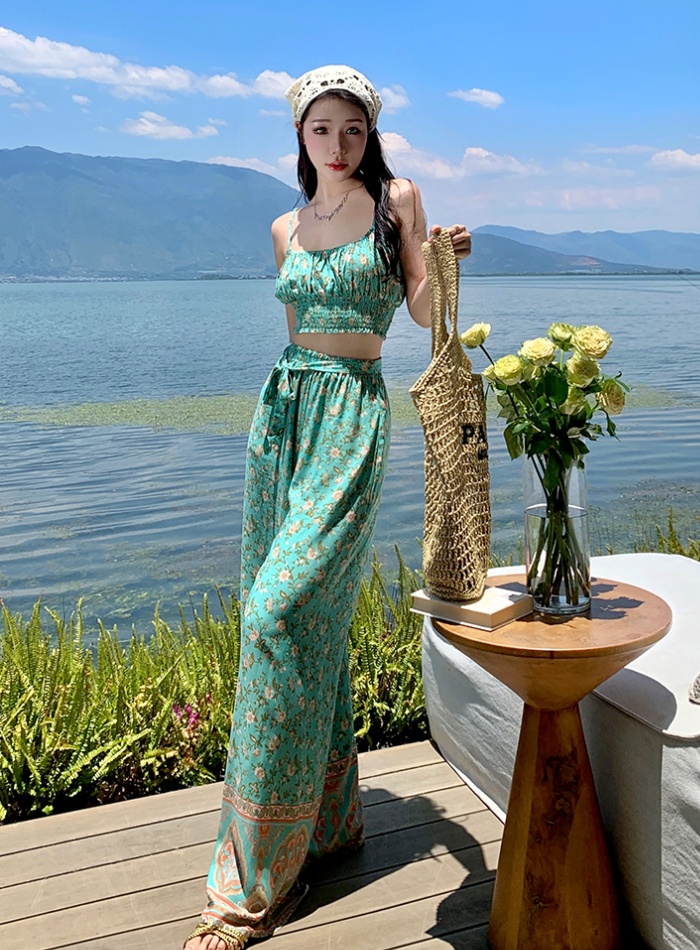 Elastic small sling high waist long pants a set