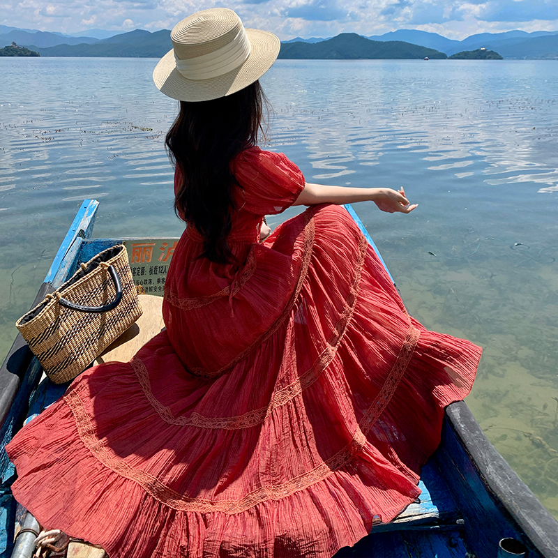 Multilayer skirt hem long dress short sleeve cake dress