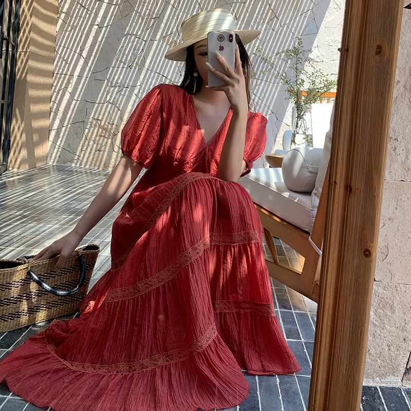 Multilayer skirt hem long dress short sleeve cake dress