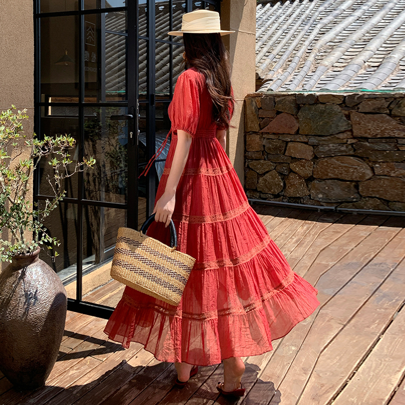 Multilayer skirt hem long dress short sleeve cake dress