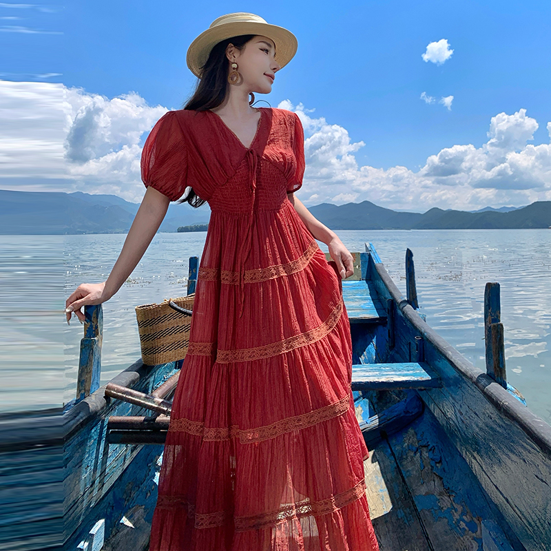 Multilayer skirt hem long dress short sleeve cake dress