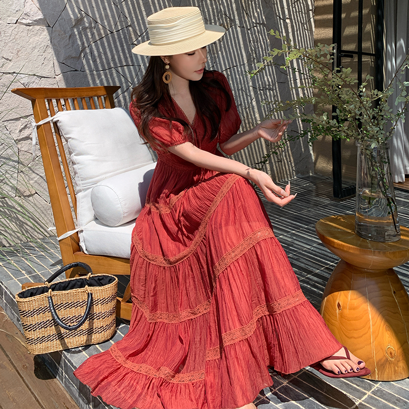 Multilayer skirt hem long dress short sleeve cake dress