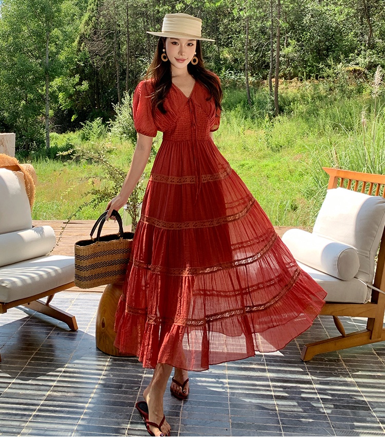 Multilayer skirt hem long dress short sleeve cake dress