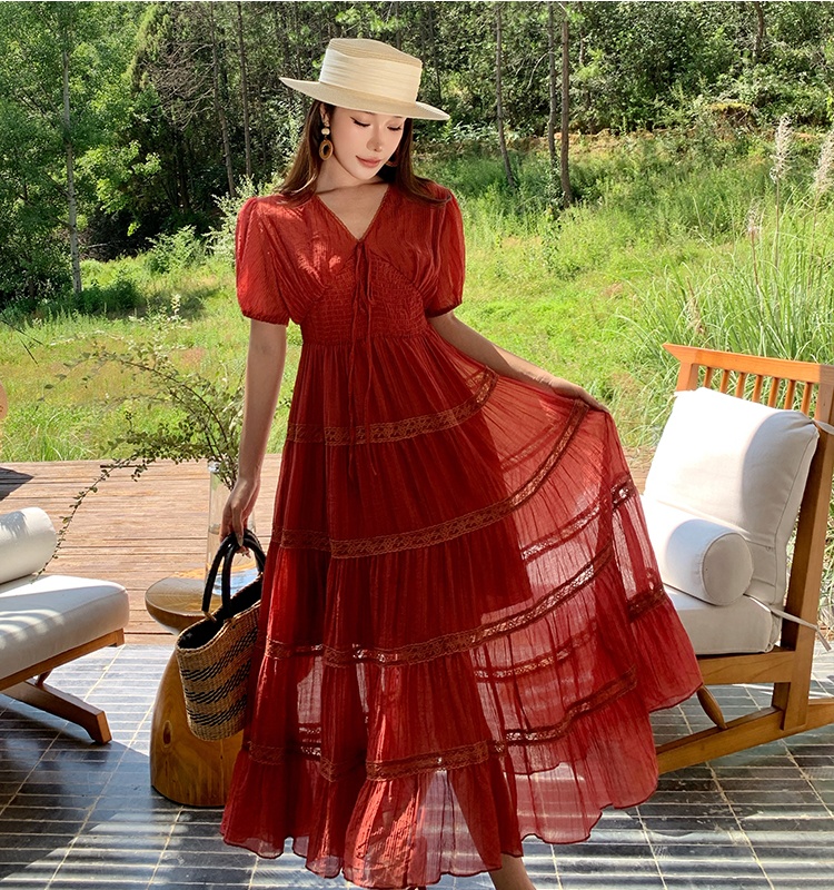 Multilayer skirt hem long dress short sleeve cake dress