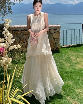 Irregular flowers vest A-line skirt 2pcs set