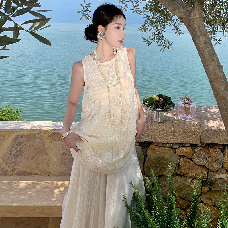 Irregular flowers vest A-line skirt 2pcs set