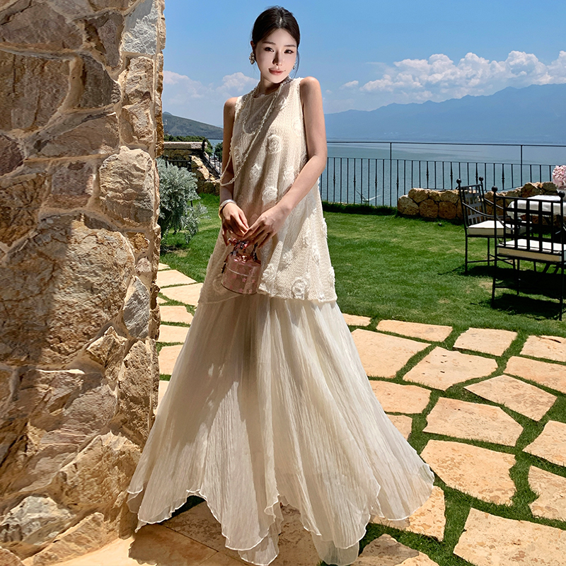 Irregular flowers vest A-line skirt 2pcs set