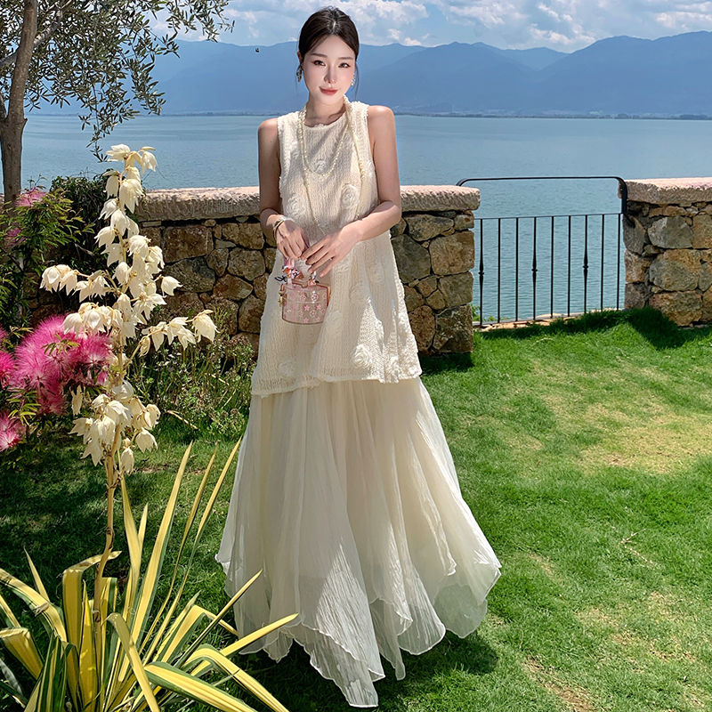 Irregular flowers vest A-line skirt 2pcs set