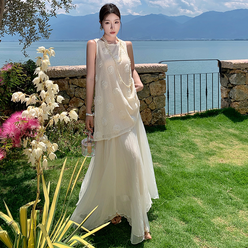 Irregular flowers vest A-line skirt 2pcs set