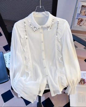 Niche spring long sleeve lapel shirt beading white temperament tops