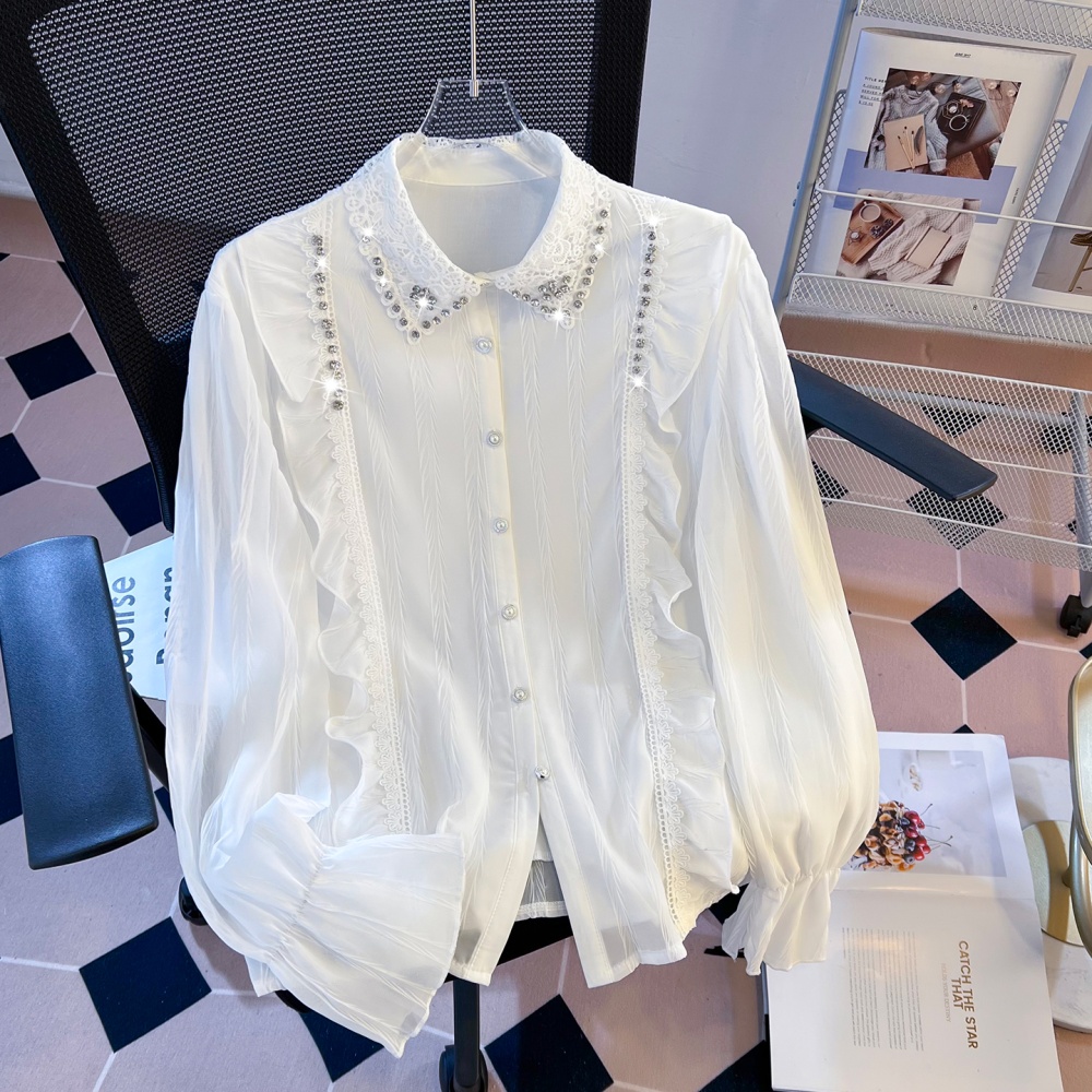 Niche spring long sleeve lapel shirt beading white temperament tops