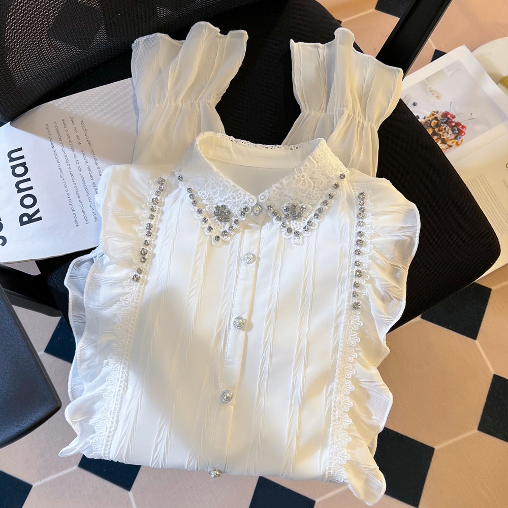 Niche spring long sleeve lapel shirt beading white temperament tops