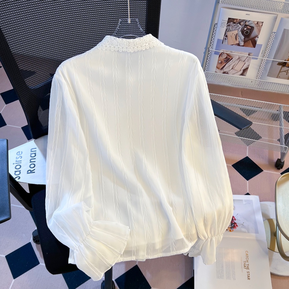 Niche spring long sleeve lapel shirt beading white temperament tops