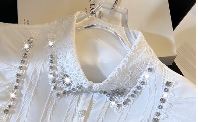 Niche spring long sleeve lapel shirt beading white temperament tops