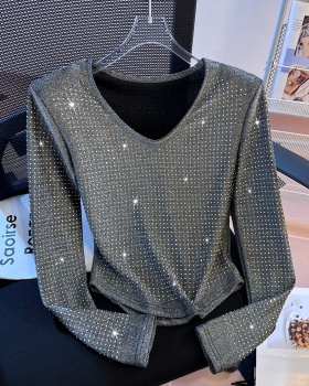 Rhinestone V-neck T-shirt long sleeve tops for women