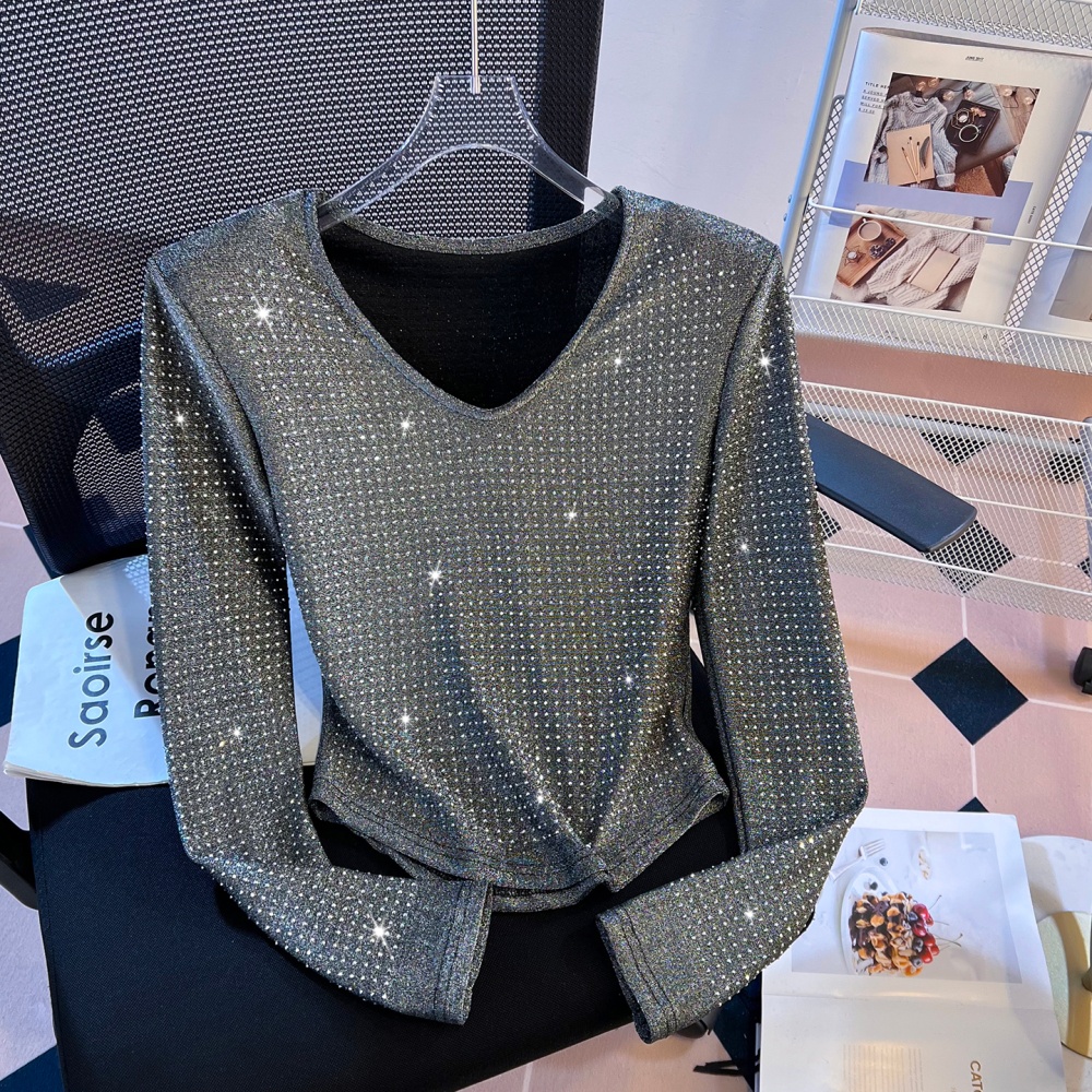 Rhinestone V-neck T-shirt long sleeve tops for women